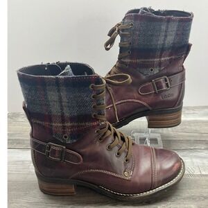 Taos Crave Bordeaux Leather Plaid Combat Boots CRV-5514-BDXP Womens 7.5 EUR 38